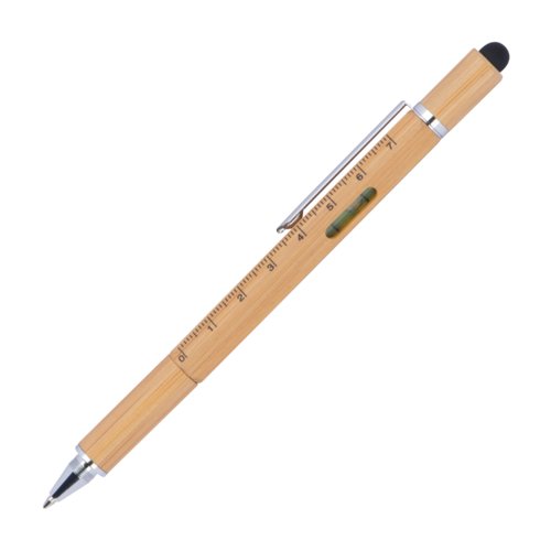 Houtkleurige multifunctionele pen met clip, aanraakfunctie, liniaal en waterpas.