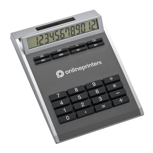 Grijze calculator met zonnepaneel en knoppen.