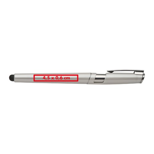 Zilverkleurige metalen rollerball pen met aanraakfunctie en dop.