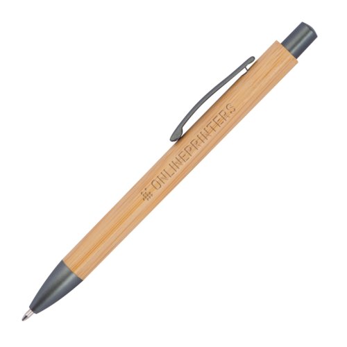 Licht houtkleurige bamboe balpen met clip en drukmechanisme.