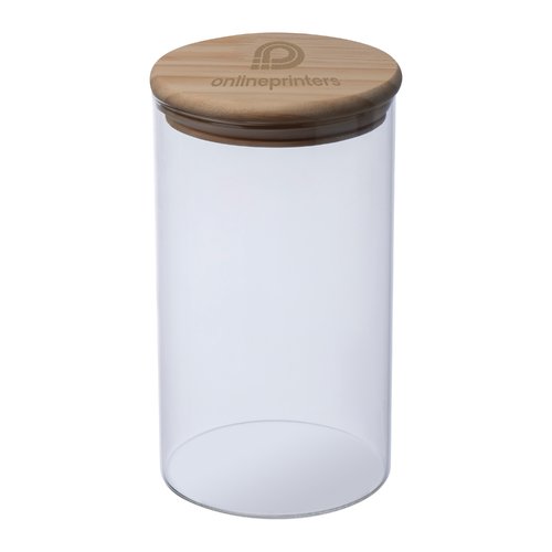 Transparante glazen voorraadpot met houten deksel.
