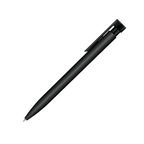 Zwarte balpen met zacht oppervlak, clip en drukknop.