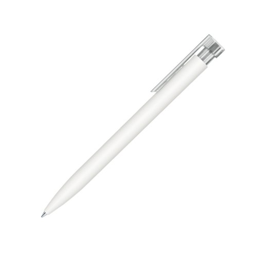 Witte balpen met drukmechanisme en clip.