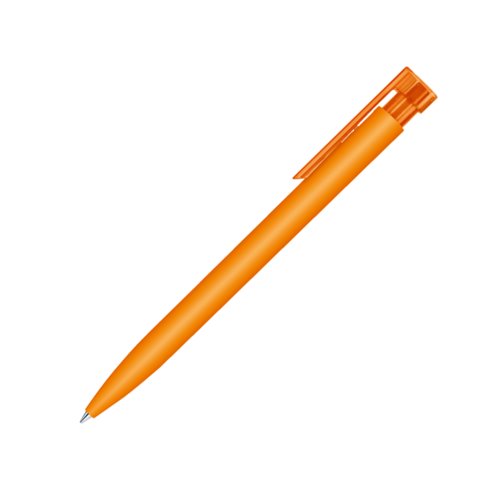 Oranje plastic balpen met drukmechanisme en clip.