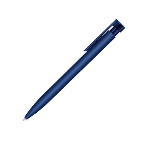 Donkerblauwe plastic balpen met drukmechanisme en clip.