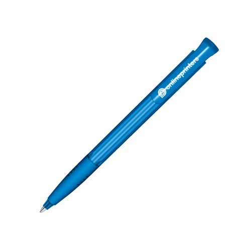 Blauwe plastic balpen met drukknop en zachte grip.