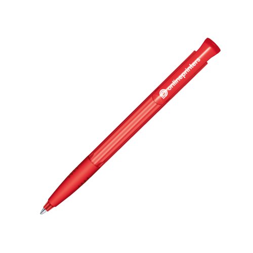 Rode plastic balpen met drukmechanisme en zachte grip.