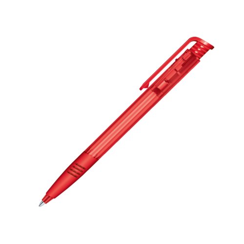 Rode plastic balpen met clip en drukknopmechanisme.