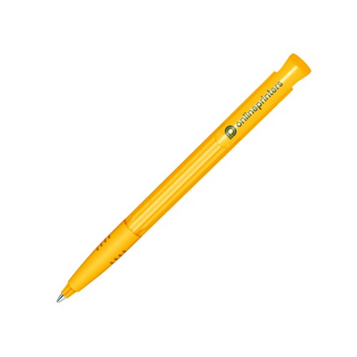 Gele plastic balpen met drukknop en zachte grip.