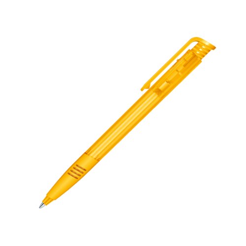 Gele plastic balpen met clip en drukknopmechanisme.