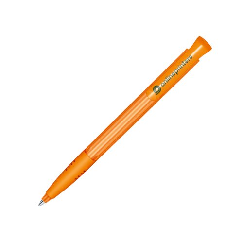 Oranje plastic balpen met drukmechanisme en zachte grip.