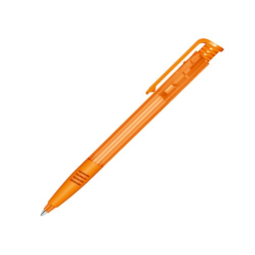Oranje plastic balpen met drukknopmechanisme en clip.