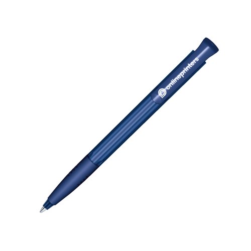 Donkerblauwe kunststof balpen met drukknop en zachte grip.