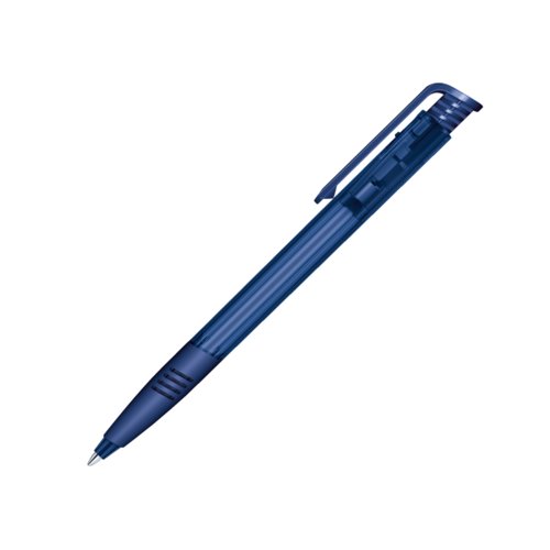 Donkerblauwe plastic balpen met drukknop en clip.