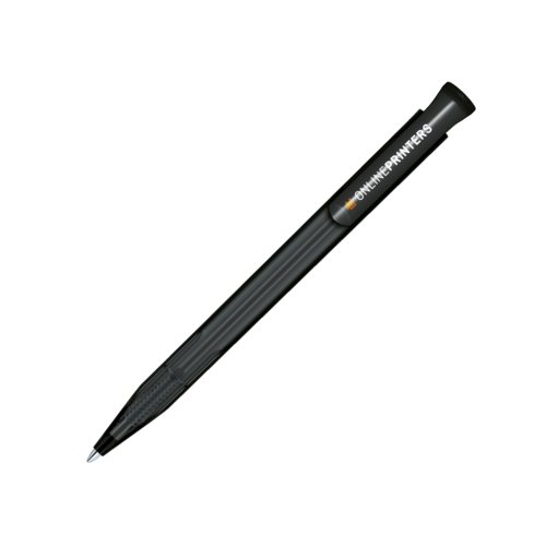Zwarte, matte balpen met clip en drukmechanisme.