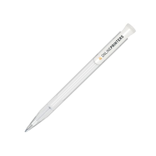 Witte plastic balpen met drukmechanisme.