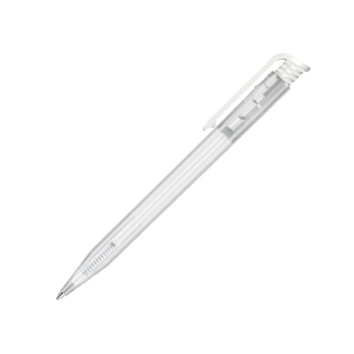 Witte, matte kunststof balpen met clip en drukmechanisme.
