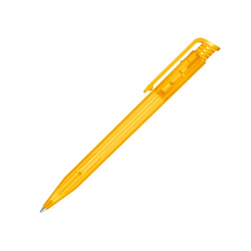 Gele plastic balpen met clip en drukmechanisme.