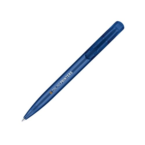 Donkerblauwe plastic balpen met drukknop.