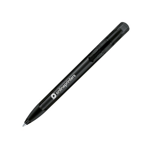 Transparante balpen met zachte grip en drukmechanisme.