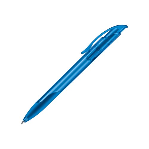 Blauwe plastic balpen met zachte grip en clip.