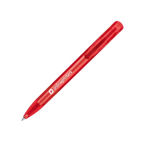 Rode plastic balpen met drukknop en zachte grip.