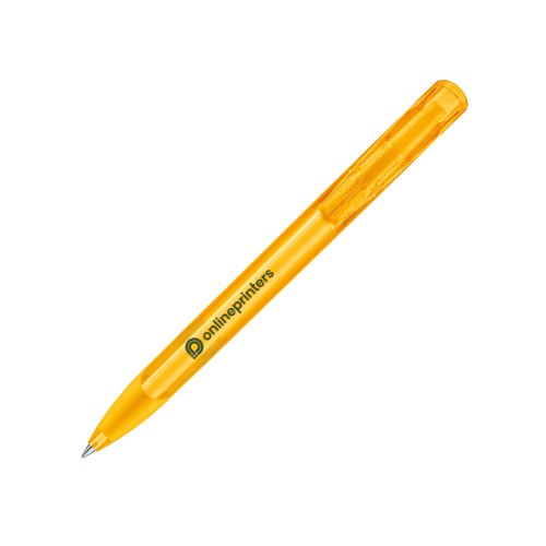 Gele plastic balpen met drukknop en zachte grip.