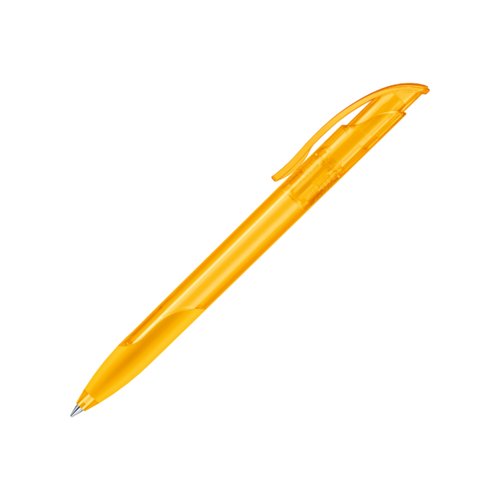Gele plastic balpen met zachte grip en clip.