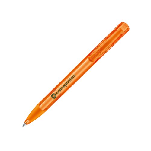 Oranje plastic balpen met drukknop en zachte grip.