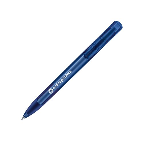 Donkerblauwe plastic balpen met drukmechanisme en zachte grip.