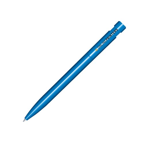 Blauwe kunststof balpen met gepolijste afwerking en drukmechanisme.