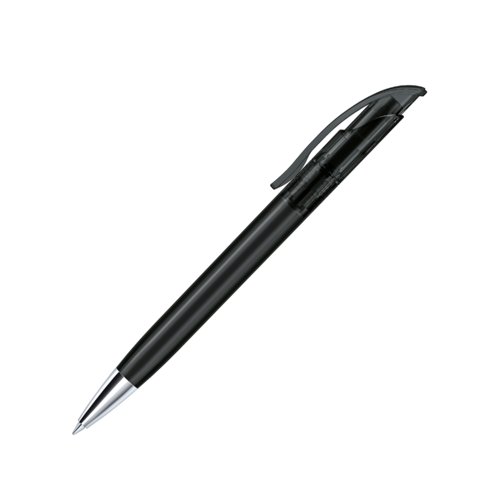 Zwarte plastic balpen met metalen elementen en clip.