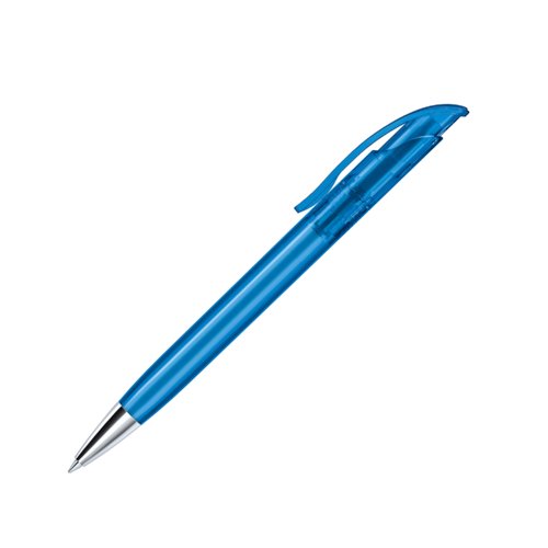 Blauwe plastic balpen met metalen elementen en clip.