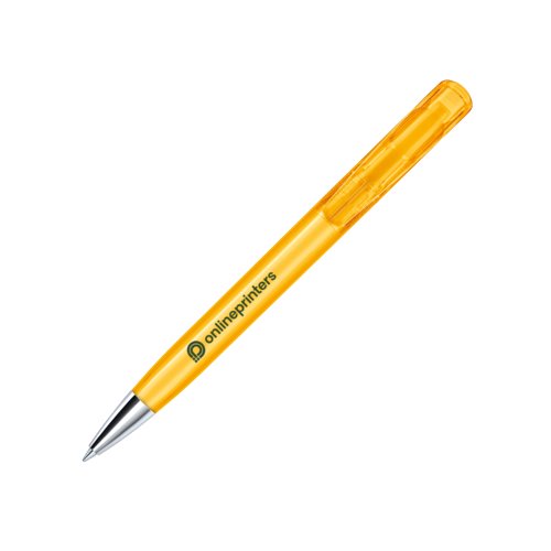 Gele plastic balpen met metalen punt en drukmechanisme.
