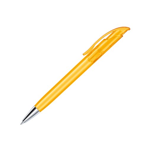 Gele plastic balpen met metalen elementen en clip.