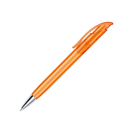 Oranje plastic balpen met metalen punt en clip.