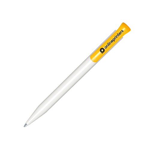Wit/gele plastic balpen met drukmechanisme.