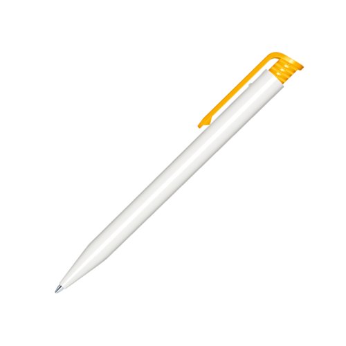 Witte plastic balpen met gele clip en drukmechanisme.