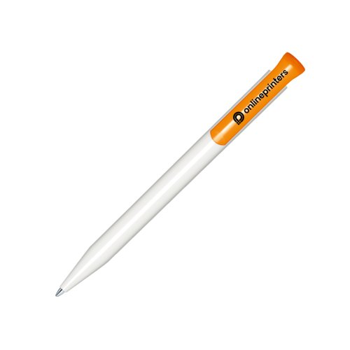 Wit/oranje plastic balpen met drukmechanisme.