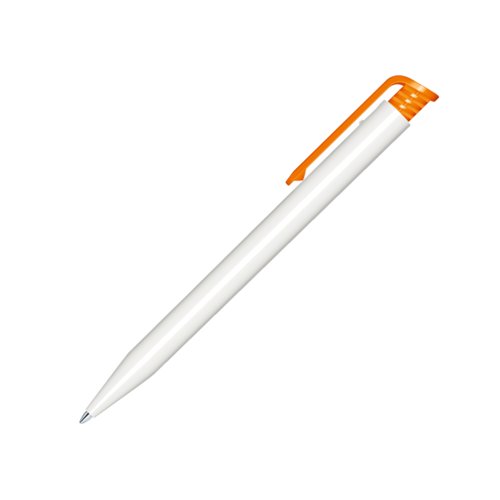 Witte plastic balpen met oranje clip en drukmechanisme.