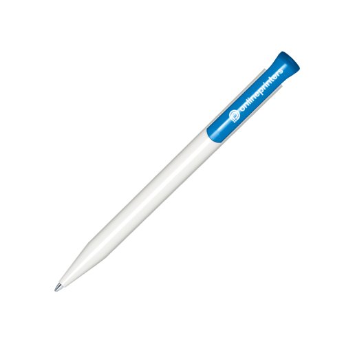 Witte plastic balpen met blauw detail en drukmechanisme.
