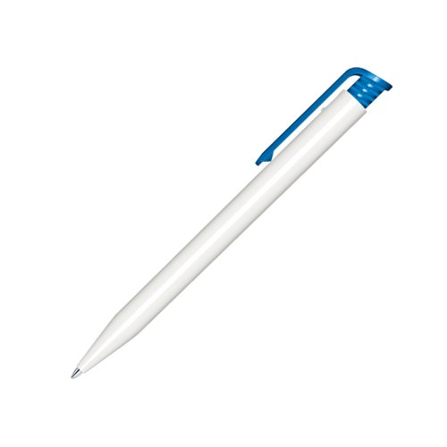 Witte kunststof balpen met blauwe accenten en drukmechanisme.