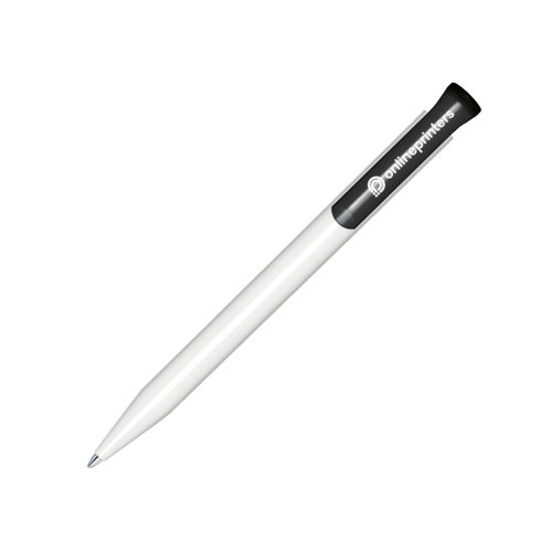 Witte plastic balpen met gepolijste afwerking en drukknop.