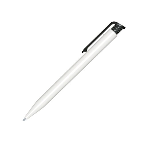 Witte plastic balpen met clip en drukmechanisme.