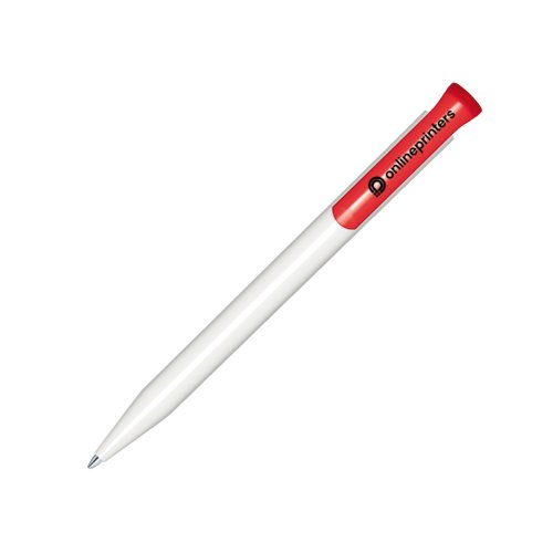 Witte en rode balpen met clip en drukmechanisme.