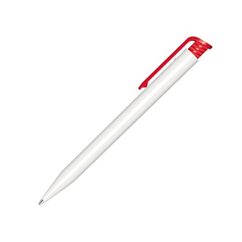 Witte plastic balpen met rode clip en drukmechanisme.