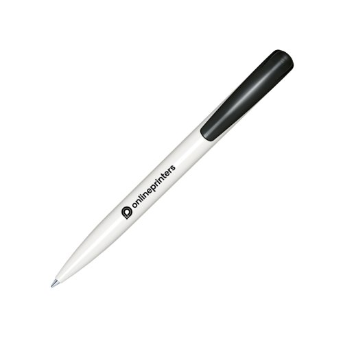 Witte plastic balpen met gepolijste afwerking en drukknopmechanisme.