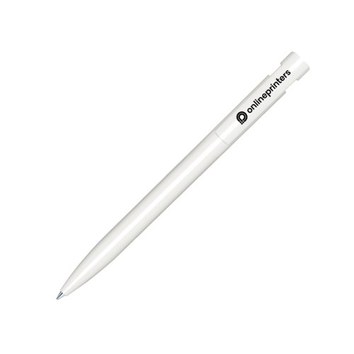 Witte plastic balpen met gepolijste afwerking en drukmechanisme.