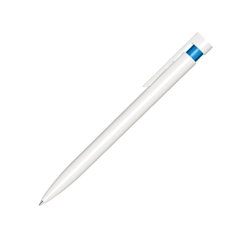 Blauwe plastic balpen met gepolijste afwerking en clip.