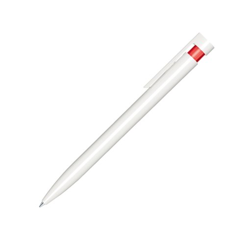 Rode plastic balpen met clip en drukmechanisme.
